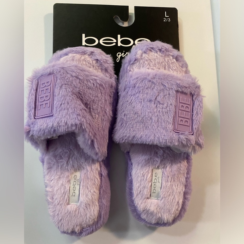 Bebe Girls Purple Faux Fur Slides Fuzzy Logo‎ Slippers Size L 2/3 New